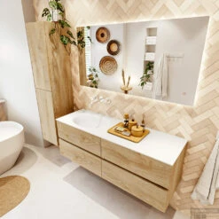 MONDIAZ VICA 140cm Badmeubel Onderkast Washed Oak 4 Lades. Wastafel Moon Links Zonder Kraangat, Kleur Talc Met Spiegel LED. -Geberiter Meubels Geschaft badkamermeubel vica washed oak moon talc set2 0069