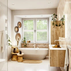 MONDIAZ VICA 140cm Badmeubel Onderkast Washed Oak 4 Lades. Wastafel Moon Links Zonder Kraangat, Kleur Talc Met Spiegel LED. -Geberiter Meubels Geschaft badkamermeubel vica washed oak moon talc set3 0069