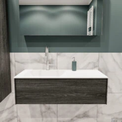 Badkamermeubel BWS Madrid Antraciet 100x45x30 Cm Mat Witte Solid Surface Wastafel Links (1 Kraangat)