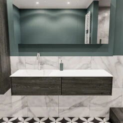 Badkamermeubel BWS Madrid Antraciet 150x45x30 Cm Mat Witte Solid Surface Wastafel Links (2 Lades, 1 Kraangat)