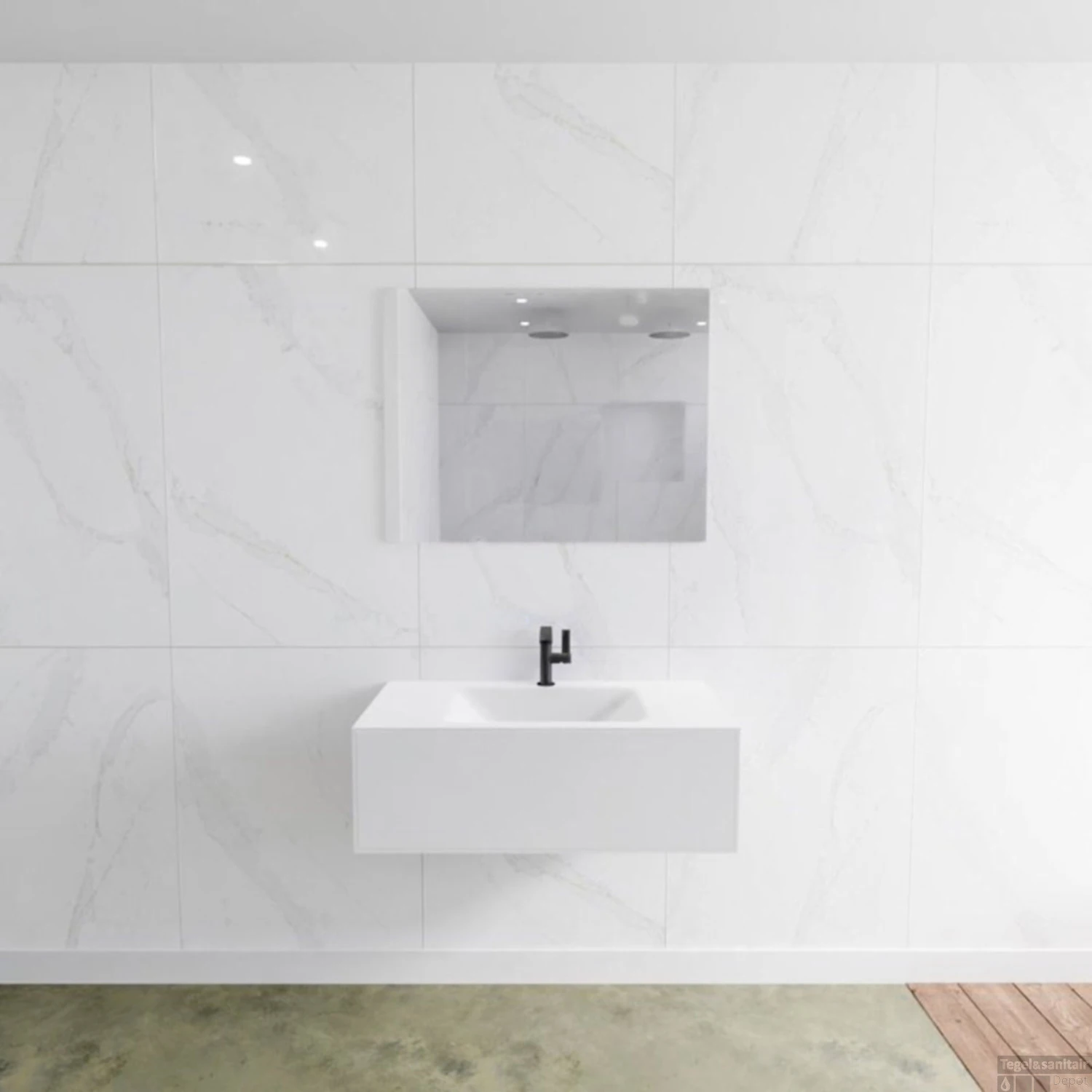 Badkamermeubelset Mondiaz LAGOM 90 Cm Gecentreerde Waskom Solid Surface Met 1 Kraangat Mat Wit (1 Lade)