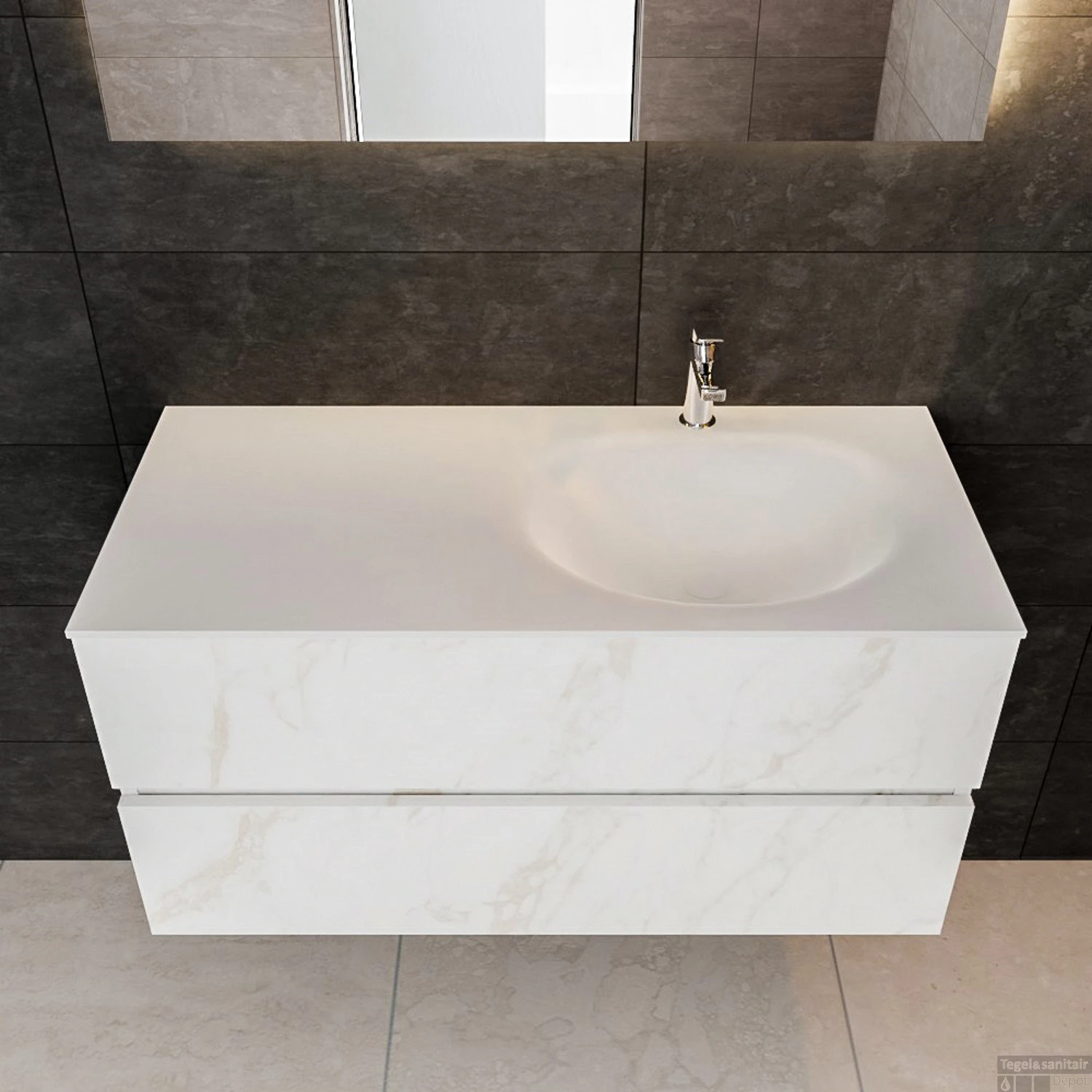 Badkamermeubel BWS Madrid Carrara Mat 100 Cm Solid Surface Wastafel Rechts (1 Kraangat, 2 Lades) 4 Badkamermeubel BWS Madrid Carrara Mat 100 Cm Solid Surface Wastafel Rechts (1 Kraangat, 2 Lades) - Afbeelding 2