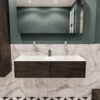 Badkamermeubel BWS Madrid Dark Brown 120x45x30 Cm Mat Witte Solid Surface Wastafel Dubbel (2 Lades, 2 Kraangaten) -Geberiter Meubels Geschaft badmeubel bws madrid 120 dark brown dubbel 2ld 2krg sfeer