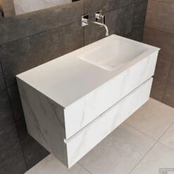 Badkamermeubel BWS Valencia Carrara Mat 100 Cm Solid Surface Wastafel Rechts (0 Kraangaten, 2 Lades) -Geberiter Meubels Geschaft badmeubel bws madrid 120 keramiek rechts 0krg detail1