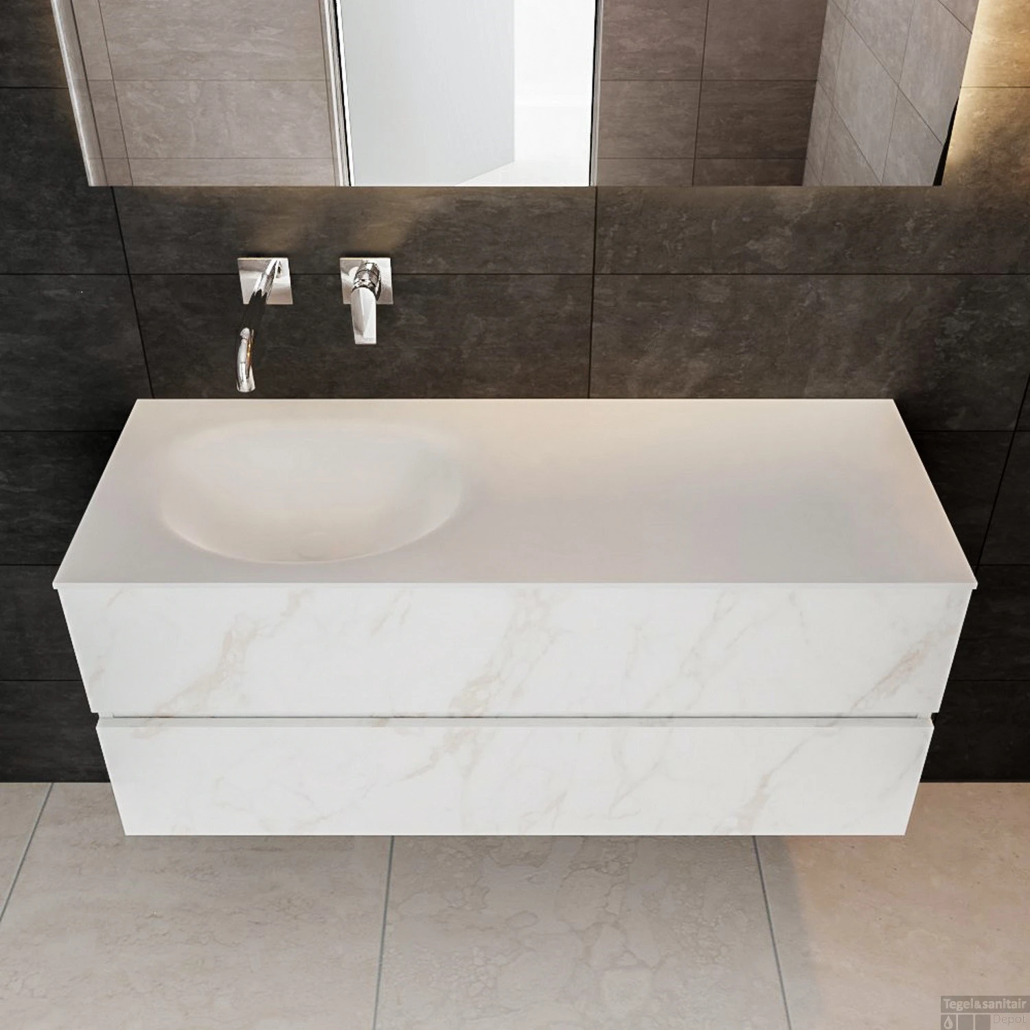 Badkamermeubel BWS Madrid Carrara Mat 120 Cm Solid Surface Wastafel Links (0 Kraangaten, 2 Lades) 4 Badkamermeubel BWS Madrid Carrara Mat 120 Cm Solid Surface Wastafel Links (0 Kraangaten, 2 Lades) - Afbeelding 2