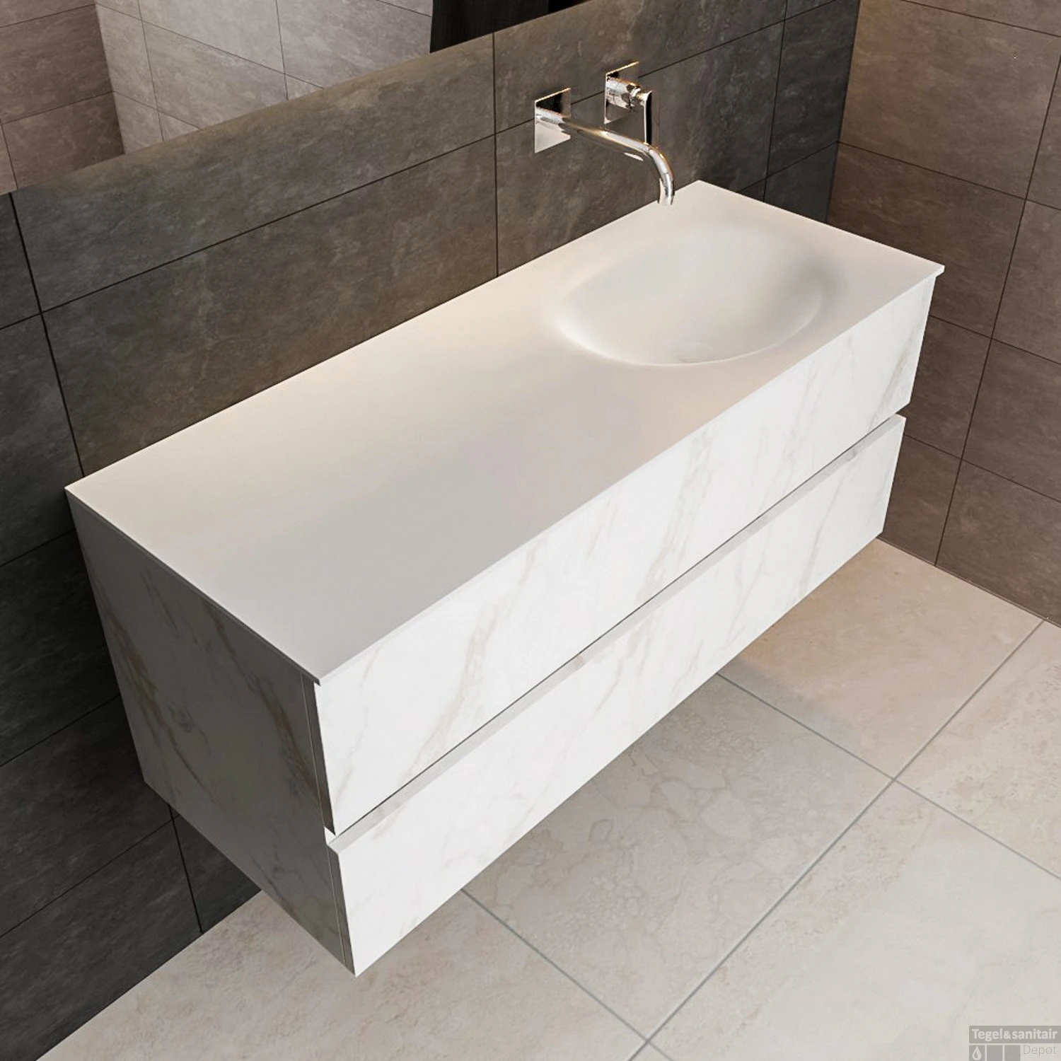 Badkamermeubel BWS Madrid Carrara Mat 120 Cm Solid Surface Wastafel Rechts (0 Kraangaten, 2 Lades) 5 Badkamermeubel BWS Madrid Carrara Mat 120 Cm Solid Surface Wastafel Rechts (0 Kraangaten, 2 Lades) - Afbeelding 3