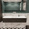 Badkamermeubel BWS Madrid Dark Brown 150x45x30 Cm Mat Witte Solid Surface Wastafel (0 Kraangaten) 1 Badkamermeubel BWS Madrid Dark Brown 150x45x30 Cm Mat Witte Solid Surface Wastafel (0 Kraangaten) -Geberiter Meubels Geschaft badmeubel bws madrid 150 dark brown 1ld 0krg sfeer