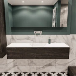 Badkamermeubel BWS Madrid Dark Brown 150x45x30 Cm Mat Witte Solid Surface Wastafel (0 Kraangaten)