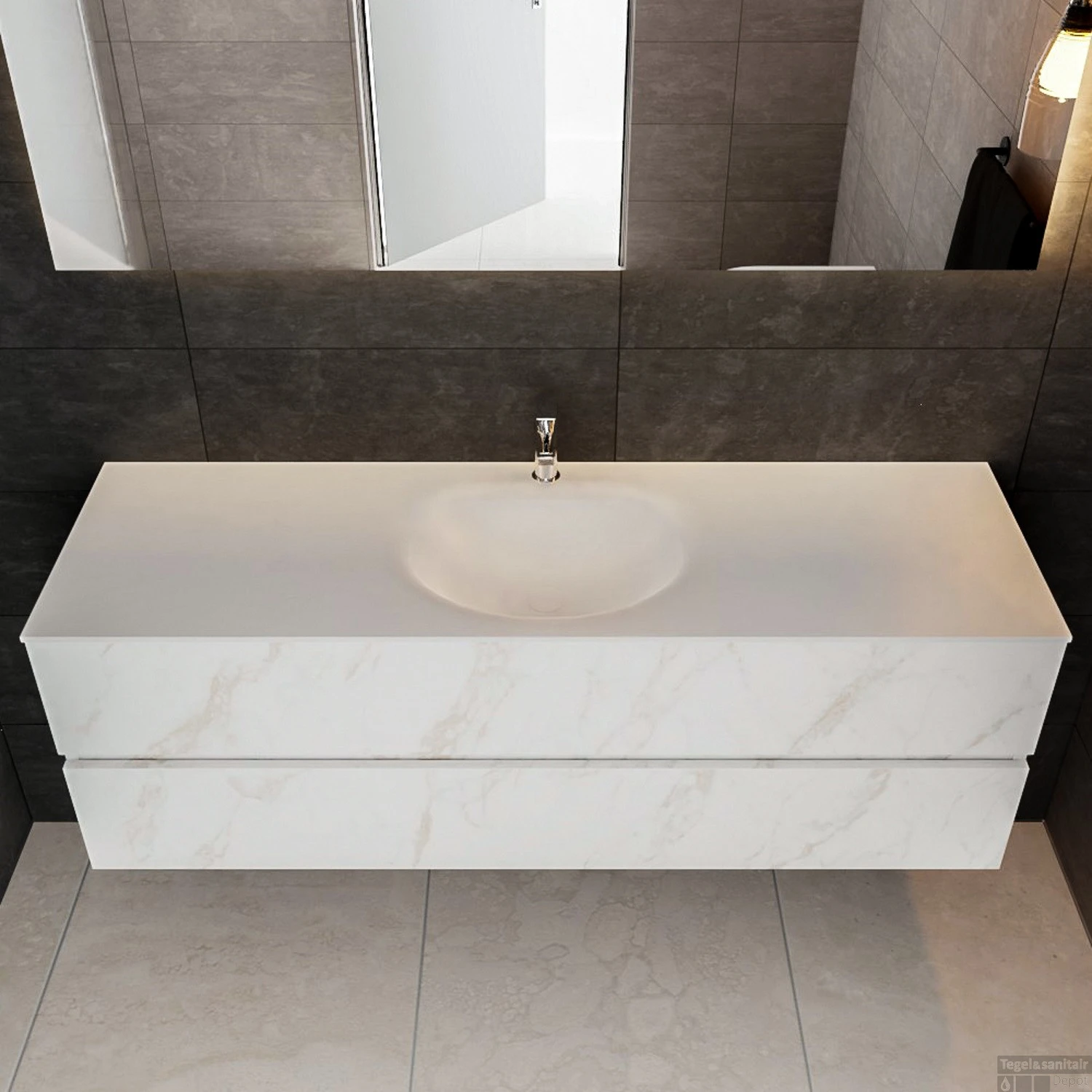 Badkamermeubel BWS Madrid Carrara Mat 150 Cm Solid Surface Wastafel (1 Kraangat, 2 Lades) 4 Badkamermeubel BWS Madrid Carrara Mat 150 Cm Solid Surface Wastafel (1 Kraangat, 2 Lades) - Afbeelding 2