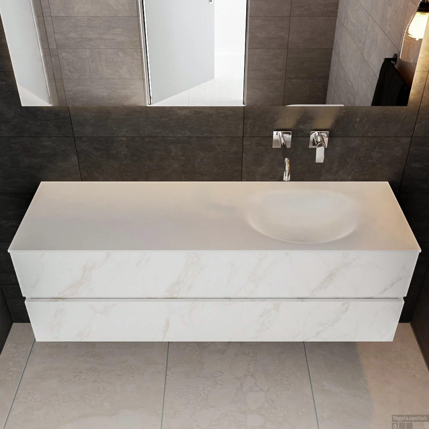 Badkamermeubel BWS Madrid Carrara Mat 150 Cm Solid Surface Wastafel Rechts (0 Kraangaten, 2 Lades) 4 Badkamermeubel BWS Madrid Carrara Mat 150 Cm Solid Surface Wastafel Rechts (0 Kraangaten, 2 Lades) - Afbeelding 2