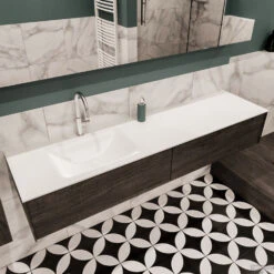 Badkamermeubel BWS Madrid Dark Brown 180x45x30 Cm Mat Witte Solid Surface Wastafel Links (2 Lades, 1 Kraangat) -Geberiter Meubels Geschaft badmeubel bws madrid 180 dark brown links 2ld 1krg detail1