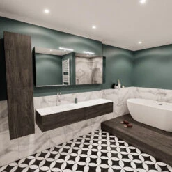 Badkamermeubel BWS Madrid Dark Brown 180x45x30 Cm Mat Witte Solid Surface Wastafel Links (2 Lades, 1 Kraangat) -Geberiter Meubels Geschaft badmeubel bws madrid 180 dark brown links 2ld 1krg detail2