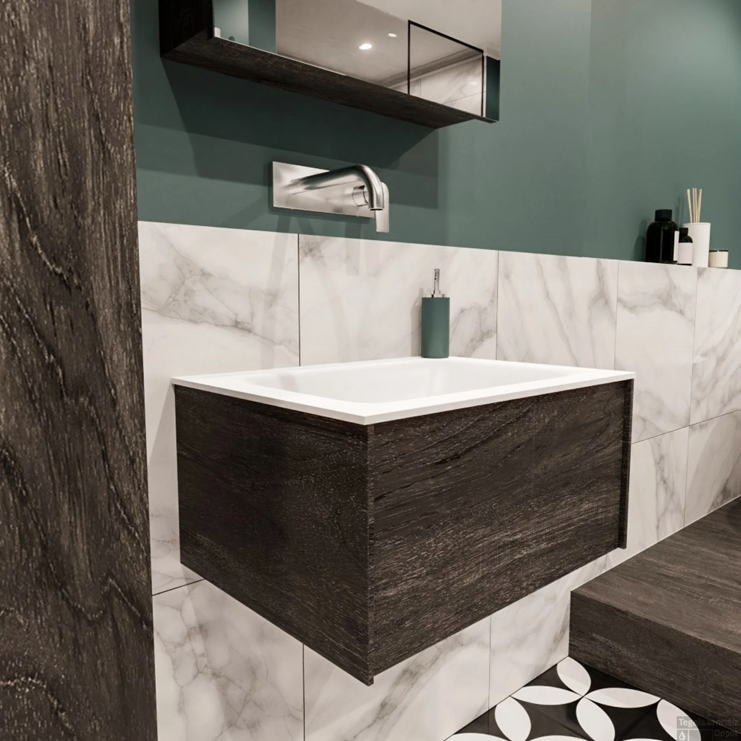 Badkamermeubel BWS Madrid Dark Brown 60x45x30 Cm Mat Witte Solid Surface Wastafel (0 Kraangaten) 4 Badkamermeubel BWS Madrid Dark Brown 60x45x30 Cm Mat Witte Solid Surface Wastafel (0 Kraangaten) - Afbeelding 2