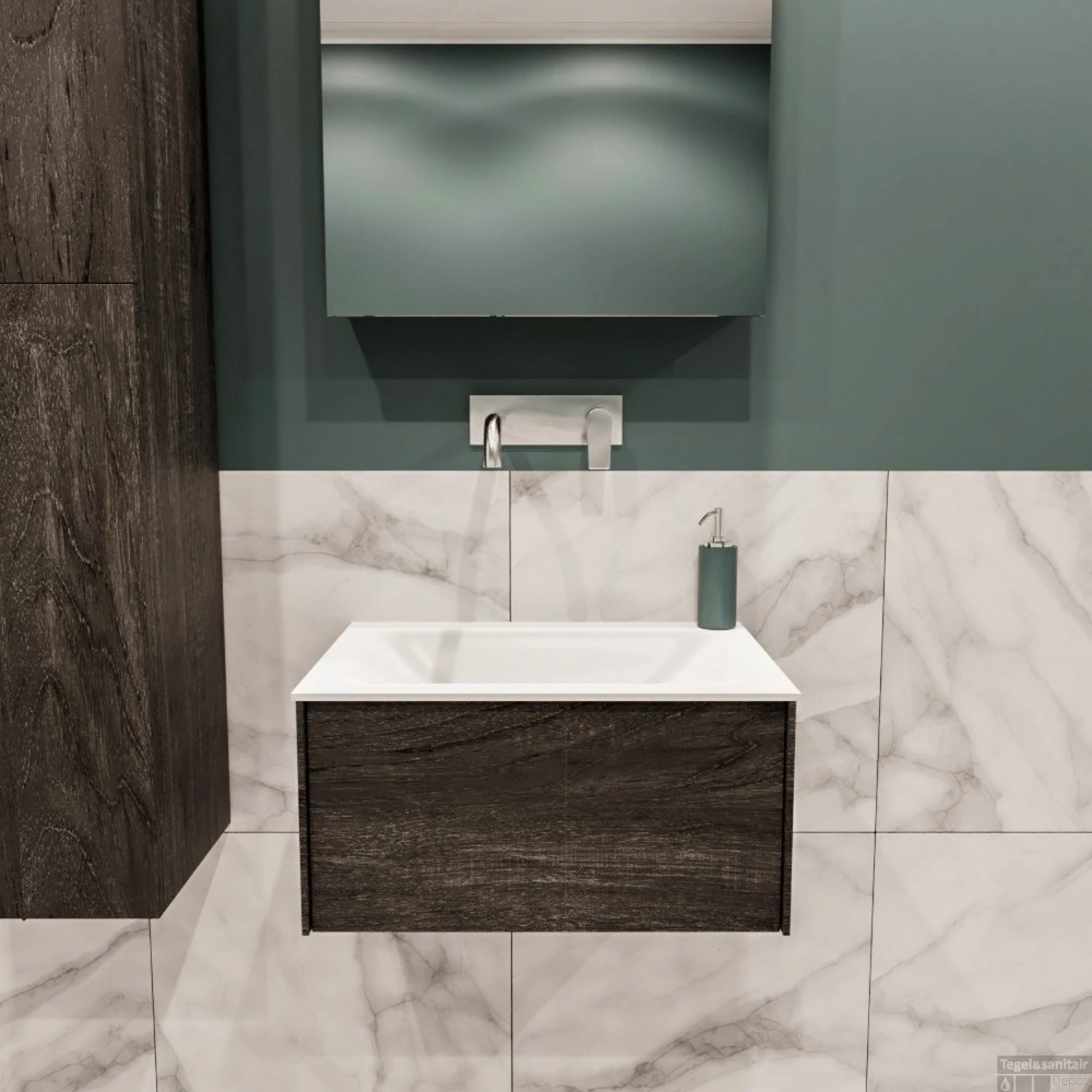 Badkamermeubel BWS Madrid Dark Brown 60x45x30 Cm Mat Witte Solid Surface Wastafel (0 Kraangaten) 3 Badkamermeubel BWS Madrid Dark Brown 60x45x30 Cm Mat Witte Solid Surface Wastafel (0 Kraangaten)