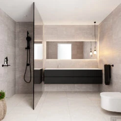 Badkamermeubel Solid Surface BWS Oslo 200x45 Cm Mat Zwart Urban Links (1 Kraangat, 4 Lades) -Geberiter Meubels Geschaft badmeubel bws oslo 200 cm 4lds 1krg links sfeer