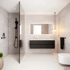 Badkamermeubel Solid Surface BWS Oslo 150x45 Cm Mat Zwart Urban Links (0 Kraangaten) -Geberiter Meubels Geschaft badmeubel bws oslo mat zwart 150 2lds 0krg links sfeer