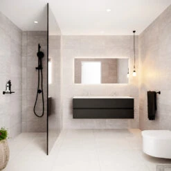 Badkamermeubel Solid Surface BWS Oslo 150x45 Cm Mat Zwart Urban Dubbel (2 Kraangaten) -Geberiter Meubels Geschaft badmeubel bws oslo mat zwart 150 2lds 2krg dubbel sfeer