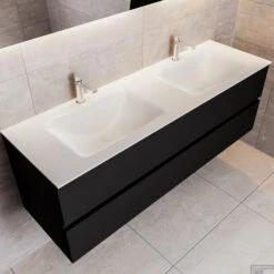 Badkamermeubel Solid Surface BWS Oslo 150x45 Cm Mat Zwart Urban Dubbel (2 Kraangaten)