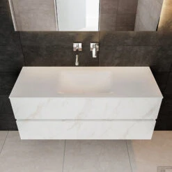 Badkamermeubel BWS Valencia Carrara Mat 120 Cm Solid Surface Wastafel (0 Kraangaten, 2 Lades) -Geberiter Meubels Geschaft badmeubel bws valencia 120 keramiek midden 0krg detail