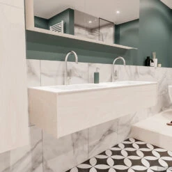 Badkamermeubel BWS Madrid Wit 150x45x30 Cm Mat Witte Solid Surface Wastafel Dubbel (2 Kraangaten) -Geberiter Meubels Geschaft badmeubel bws wit 150 cm dubbel 1ld 2krg detail