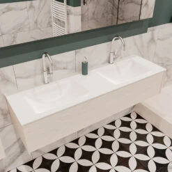 Badkamermeubel BWS Madrid Wit 150x45x30 Cm Mat Witte Solid Surface Wastafel Dubbel (2 Kraangaten) -Geberiter Meubels Geschaft badmeubel bws wit 150 cm dubbel 1ld 2krg detail1