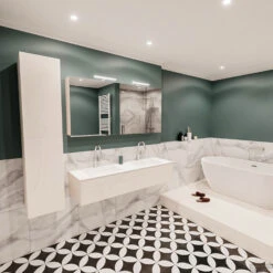 Badkamermeubel BWS Madrid Wit 150x45x30 Cm Mat Witte Solid Surface Wastafel Dubbel (2 Kraangaten) -Geberiter Meubels Geschaft badmeubel bws wit 150 cm dubbel 1ld 2krg detail2