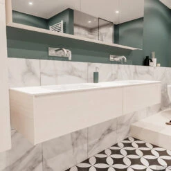 Badkamermeubel BWS Madrid Wit 180x45x30 Cm Mat Witte Solid Surface Wastafel Dubbel (2 Lades, 0 Kraangaten) -Geberiter Meubels Geschaft badmeubel bws wit 180 cm dubbel 2ld 0krg detail