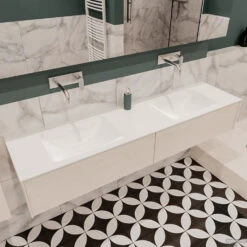 Badkamermeubel BWS Madrid Wit 180x45x30 Cm Mat Witte Solid Surface Wastafel Dubbel (2 Lades, 0 Kraangaten) -Geberiter Meubels Geschaft badmeubel bws wit 180 cm dubbel 2ld 0krg detail1