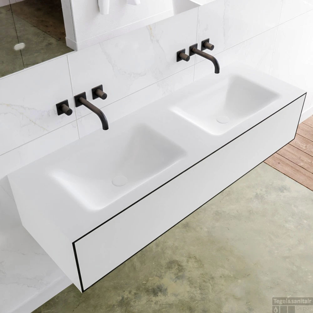 Badkamermeubelset Mondiaz LAGOM 140 Cm Dubbele Wastafel Solid Surface Zonder Kraangaten Mat Zwart (1 Lade) 4 Badkamermeubelset Mondiaz LAGOM 140 Cm Dubbele Wastafel Solid Surface Zonder Kraangaten Mat Zwart (1 Lade) - Afbeelding 2