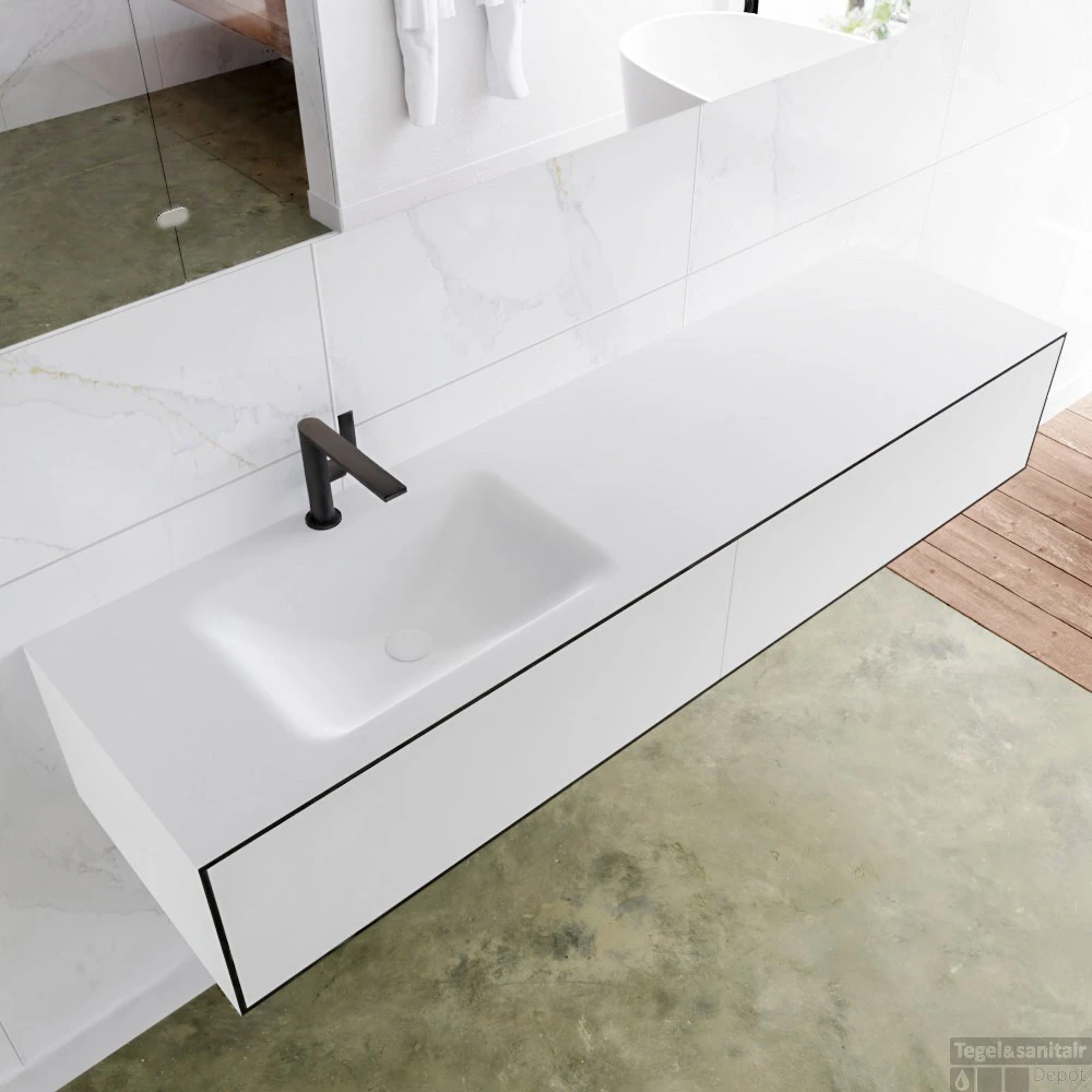 Badkamermeubelset Mondiaz LAGOM 170 Cm Linkse Wastafel Solid Surface Met 1 Kraangat Mat Zwart (2 Laden) 4 Badkamermeubelset Mondiaz LAGOM 170 Cm Linkse Wastafel Solid Surface Met 1 Kraangat Mat Zwart (2 Laden) - Afbeelding 2