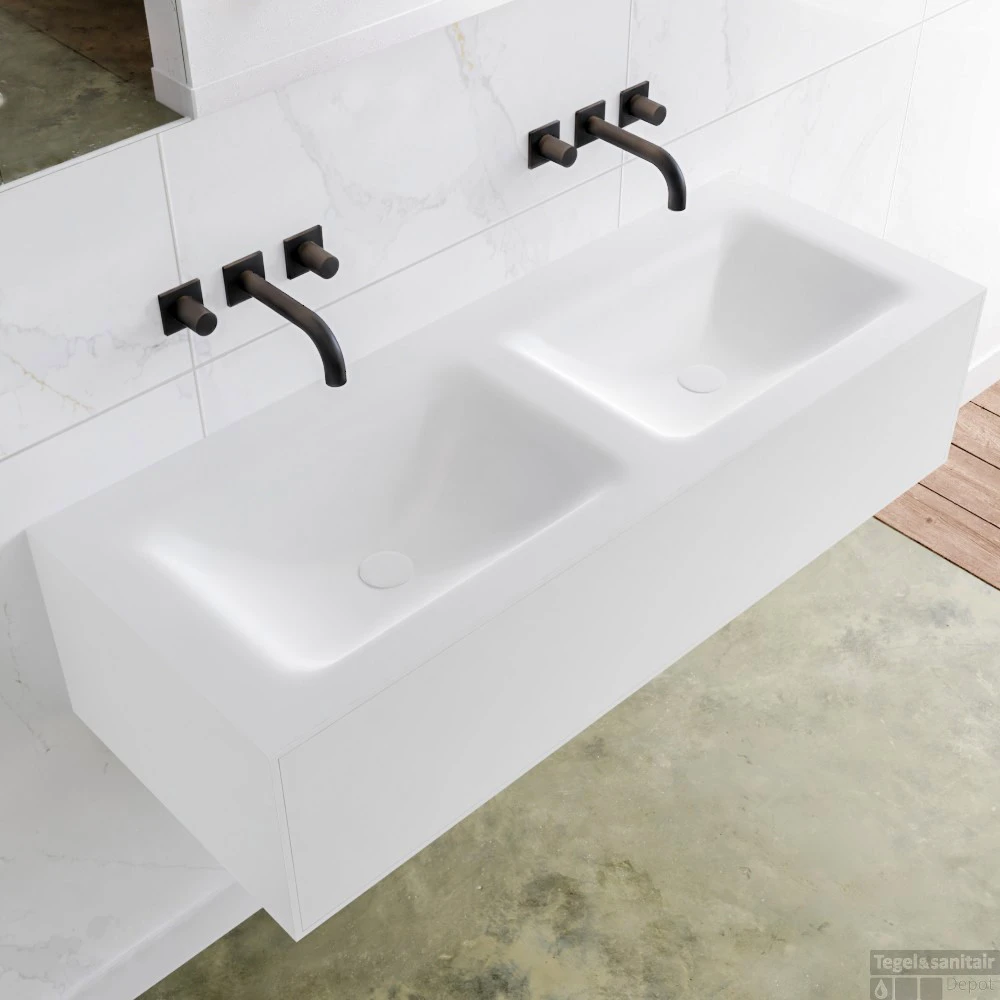 Badkamermeubelset Mondiaz LAGOM 120 Cm Dubbele Waskom Solid Zonder Kraangaten Mat Wit (1 Lade) 4 Badkamermeubelset Mondiaz LAGOM 120 Cm Dubbele Waskom Solid Zonder Kraangaten Mat Wit (1 Lade) - Afbeelding 2