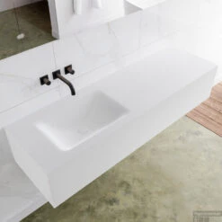 Badkamermeubelset Mondiaz LAGOM 150 Cm Linkse Waskom Solid Zonder Kraangaten Mat Wit (1 Lade) -Geberiter Meubels Geschaft badmeubel met solid surface wastafel model lagom top white 00082