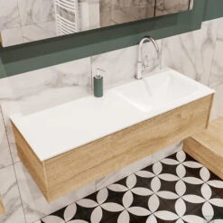 Badkamermeubel BWS Madrid Washed Oak 120x45x30 Cm Mat Witte Solid Surface Wastafel Rechts (1 Kraangat) -Geberiter Meubels Geschaft badmeubel washed oak 120 cm rechts 1ld 0krg detail1