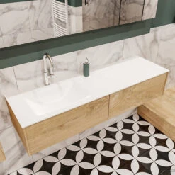 Badkamermeubel BWS Madrid Washed Oak 150x45x30 Cm Mat Witte Solid Surface Wastafel Links (2 Lades, 1 Kraangat) -Geberiter Meubels Geschaft badmeubel washed oak 150 cm links 2ld 1krg detail1