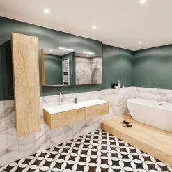 Badkamermeubel BWS Madrid Washed Oak 150x45x30 Cm Mat Witte Solid Surface Wastafel Links (2 Lades, 1 Kraangat) -Geberiter Meubels Geschaft badmeubel washed oak 150 cm links 2ld 1krg detail2