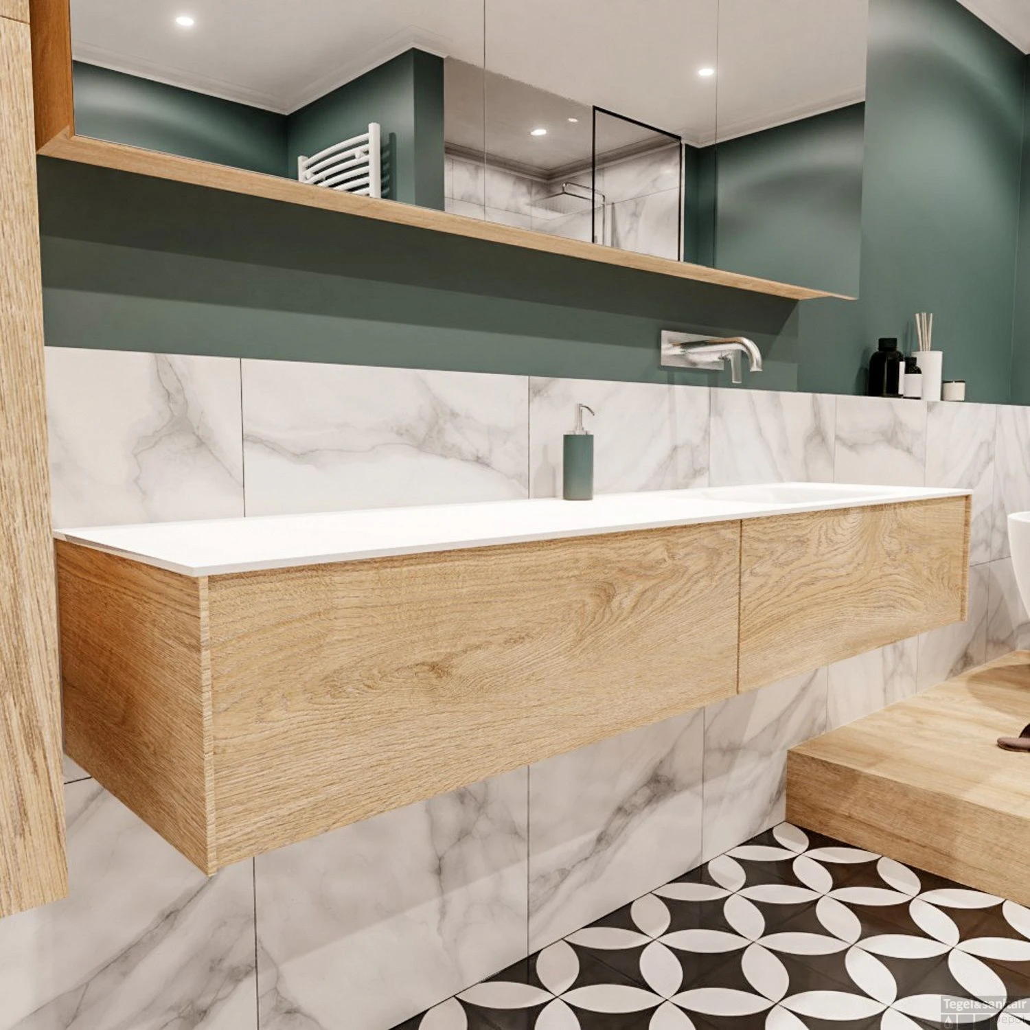 Badkamermeubel BWS Madrid Washed Oak 180x45x30 Cm Mat Witte Solid Surface Wastafel Rechts (2 Lades, 0 Kraangaten) 4 Badkamermeubel BWS Madrid Washed Oak 180x45x30 Cm Mat Witte Solid Surface Wastafel Rechts (2 Lades, 0 Kraangaten) - Afbeelding 2