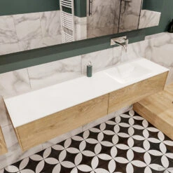 Badkamermeubel BWS Madrid Washed Oak 180x45x30 Cm Mat Witte Solid Surface Wastafel Rechts (2 Lades, 0 Kraangaten) 9 Badkamermeubel BWS Madrid Washed Oak 180x45x30 Cm Mat Witte Solid Surface Wastafel Rechts (2 Lades, 0 Kraangaten) -Geberiter Meubels Geschaft badmeubel washed oak 180 cm rechts 2ld 0krg detail1