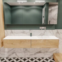 Badkamermeubel BWS Madrid Washed Oak 180x45x30 Cm Mat Witte Solid Surface Wastafel Rechts (2 Lades, 0 Kraangaten)