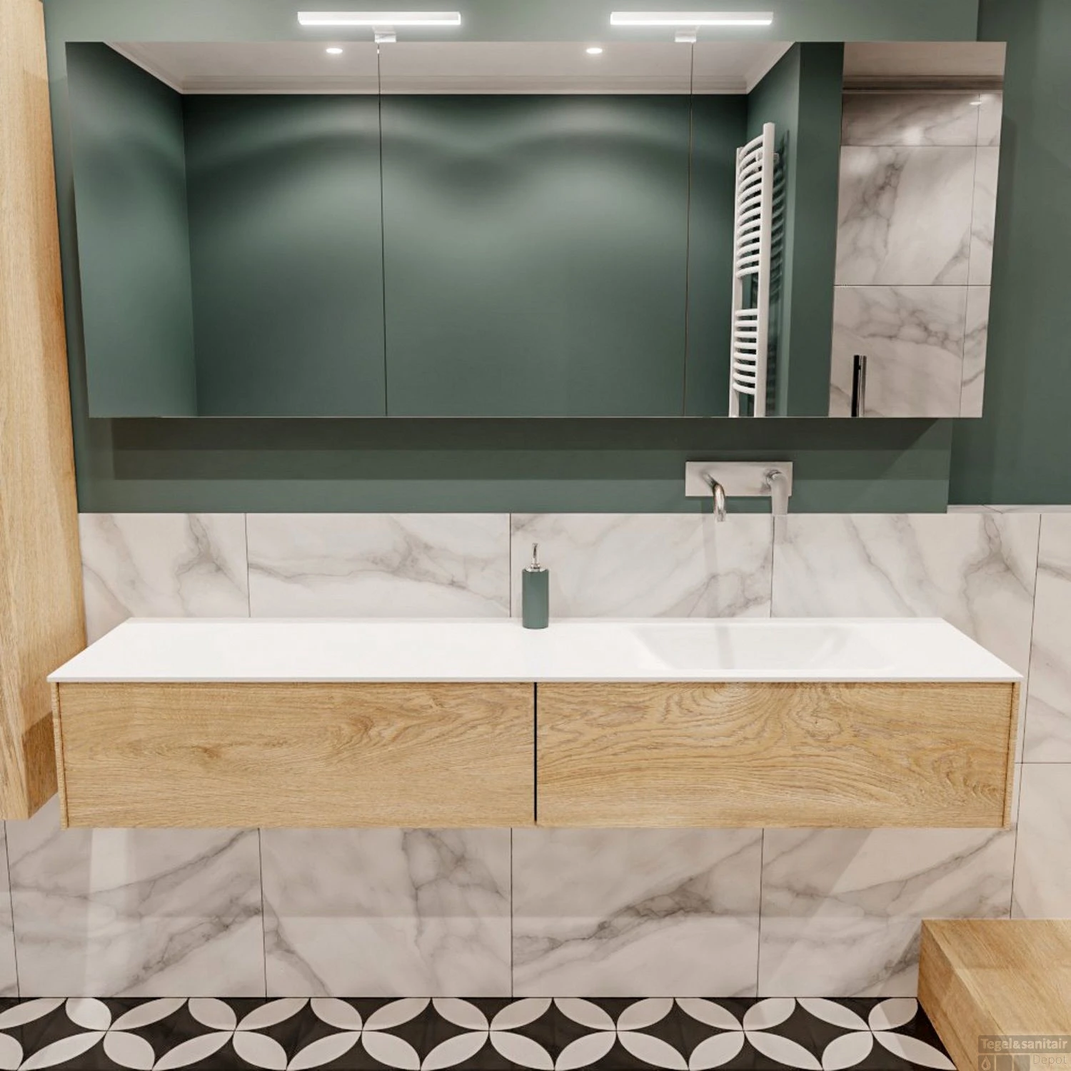 Badkamermeubel BWS Madrid Washed Oak 180x45x30 Cm Mat Witte Solid Surface Wastafel Rechts (2 Lades, 0 Kraangaten) 3 Badkamermeubel BWS Madrid Washed Oak 180x45x30 Cm Mat Witte Solid Surface Wastafel Rechts (2 Lades, 0 Kraangaten)