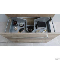 Badmeubelset BWS Salt 60x46cm Met Grepen 2 Lades Met Wastafel Hardsteen Scotch Oak -Geberiter Meubels Geschaft binnenlade onderkast scotch oak met greep chroom 18