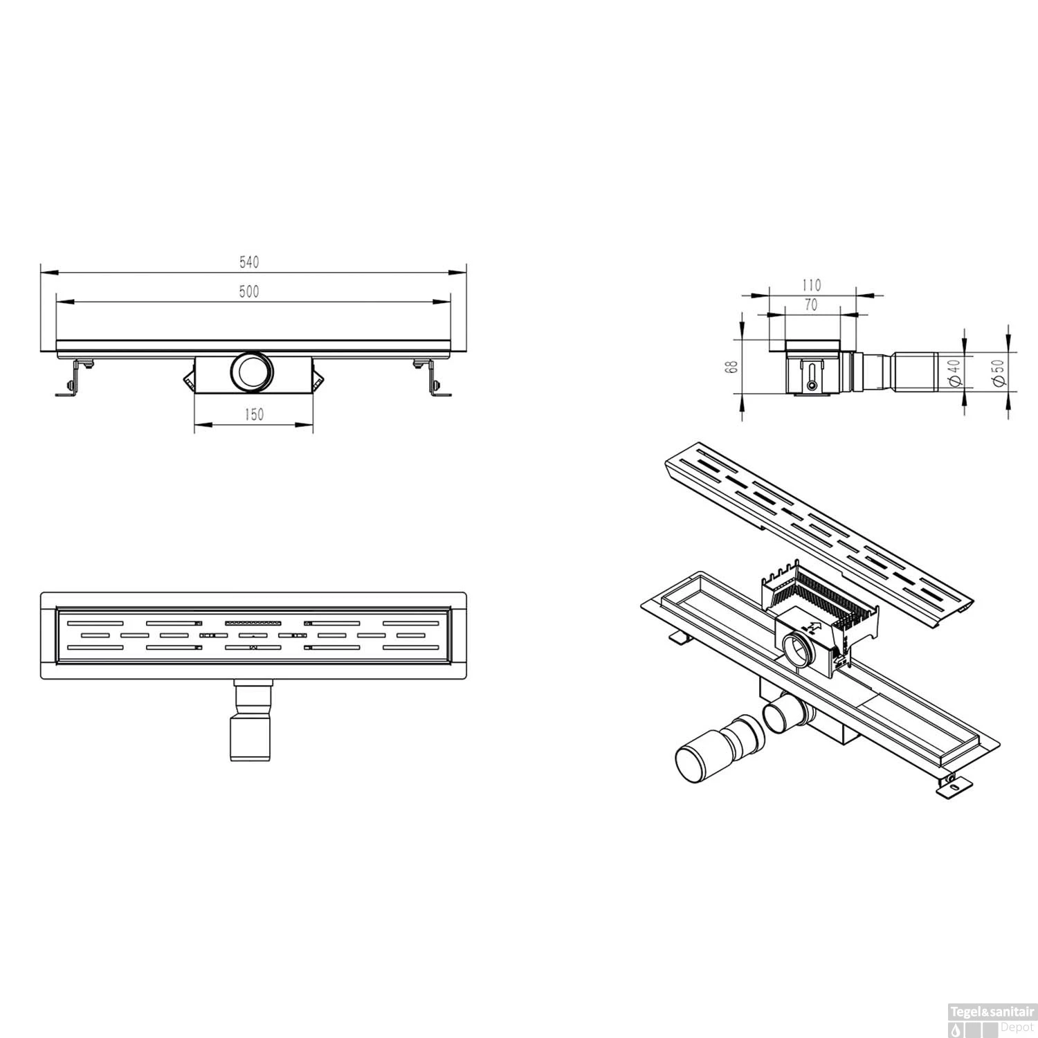 Douchegoot BWS Met Flens 50x7 Cm Mat Zwart 4 Douchegoot BWS Met Flens 50x7 Cm Mat Zwart - Afbeelding 2