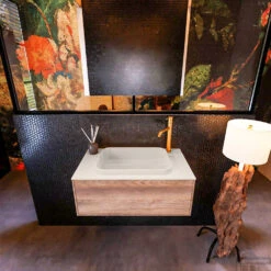 Badkamermeubelset Mondiaz Erin 80 Cm Met 1 Lade Met RIDGE Wastafel Midden Linen Met 1 Kraangat Greeploos Mat Dark Brown Grey