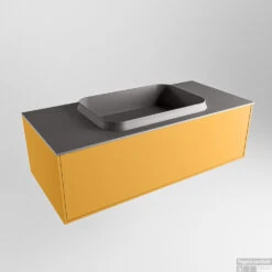 Badkamermeubelset Mondiaz Erin 100 Cm Met 1 Lade Met RIDGE Wastafel Midden Dark Grey Zonder Kraangaten Greeploos Mat Ocher -Geberiter Meubels Geschaft erin ocher ridge dark grey google 1 0004