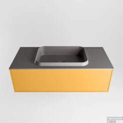 Badkamermeubelset Mondiaz Erin 100 Cm Met 1 Lade Met RIDGE Wastafel Midden Dark Grey Zonder Kraangaten Greeploos Mat Ocher -Geberiter Meubels Geschaft erin ocher ridge dark grey google 3 0004