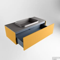 Badkamermeubelset Mondiaz Erin 100 Cm Met 1 Lade Met RIDGE Wastafel Midden Dark Grey Zonder Kraangaten Greeploos Mat Ocher -Geberiter Meubels Geschaft erin ocher ridge dark grey google 5 0004