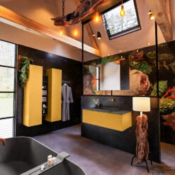 Badkamermeubelset Mondiaz Erin 100 Cm Met 1 Lade Met RIDGE Wastafel Midden Dark Grey Zonder Kraangaten Greeploos Mat Ocher -Geberiter Meubels Geschaft erin ocher ridge dark grey side 0004