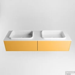 Badkamermeubelset Mondiaz Erin 150 Cm Met 2 Lades Met RIDGE Wastafel Dubbel Talc Met 2 Kraangaten Greeploos Mat Ocher -Geberiter Meubels Geschaft erin ocher ridge talc google 3 0027