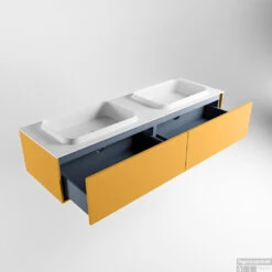 Badkamermeubelset Mondiaz Erin 150 Cm Met 2 Lades Met RIDGE Wastafel Dubbel Talc Met 2 Kraangaten Greeploos Mat Ocher -Geberiter Meubels Geschaft erin ocher ridge talc google 5 0027