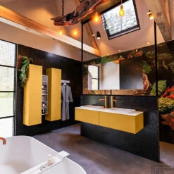 Badkamermeubelset Mondiaz Erin 150 Cm Met 2 Lades Met RIDGE Wastafel Dubbel Talc Met 2 Kraangaten Greeploos Mat Ocher -Geberiter Meubels Geschaft erin ocher ridge talc side 0027