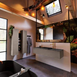 Badkamermeubelset Mondiaz Erin 150 Cm Met 1 Lade Met RIDGE Wastafel Midden Urban Met 1 Kraangat Greeploos Mat Smoke -Geberiter Meubels Geschaft erin smoke ridge urban side 0016